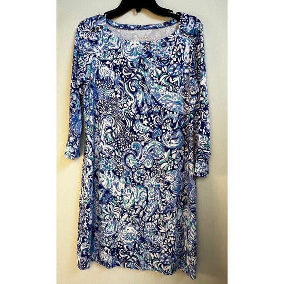 Lilly Pulitzer Sophie Dress 60 animals Women's Blue White Print 3/4 Sleeve Sz L - Picture 2 of 13